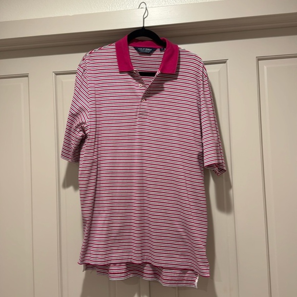 Polo Golf Ralph Lauren Pink/Red and White Striped Shirt Size M long approx 28” L